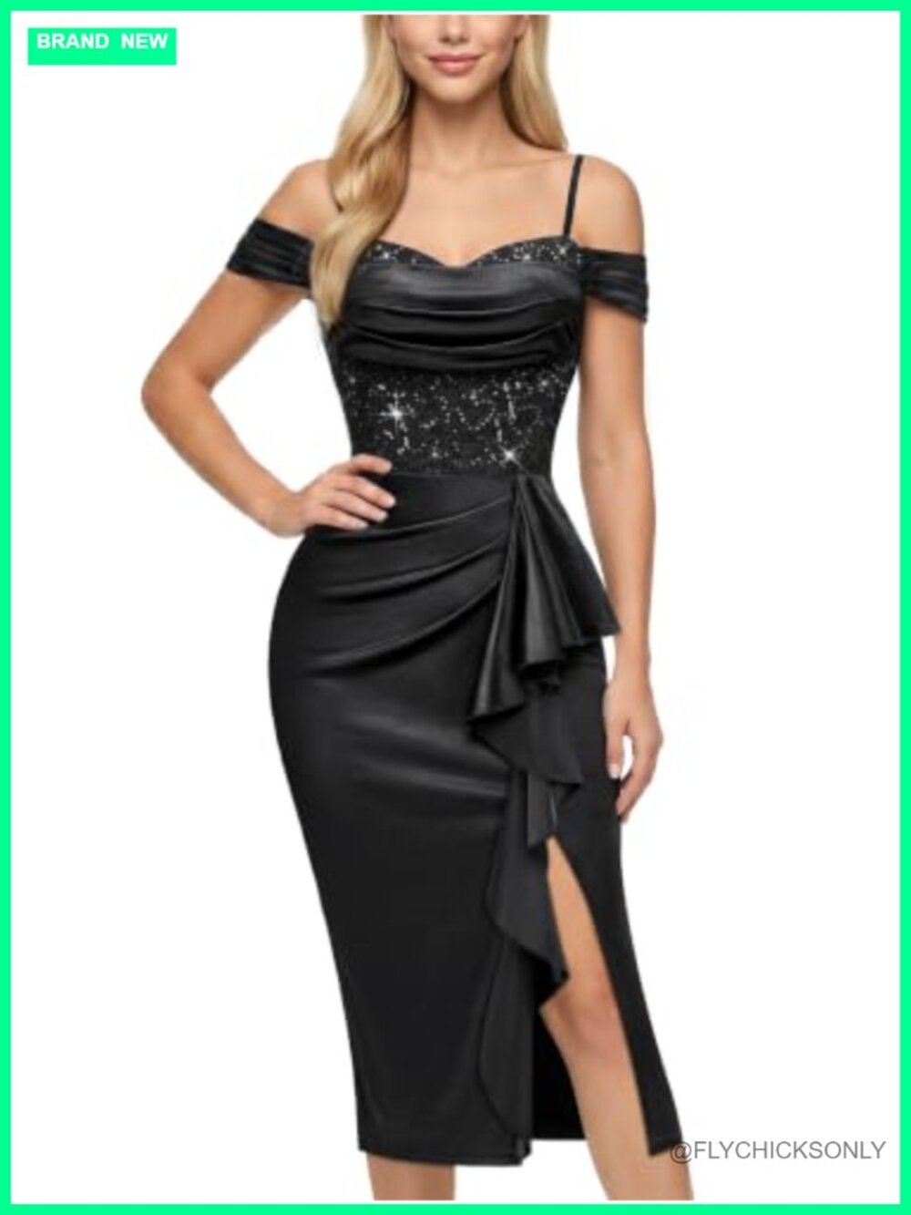 Off Shoulder V-Neck Sequin Lace Ruffle Formal Party Dress Sleeveless